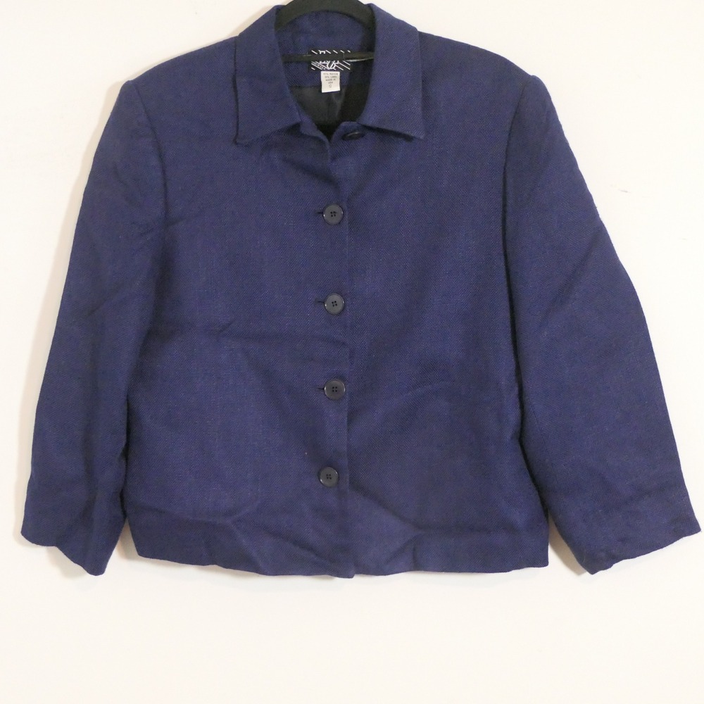 Vintage KGR Women Blazer 12 Navy Linen Blend Dark Academia Textured Minimalist